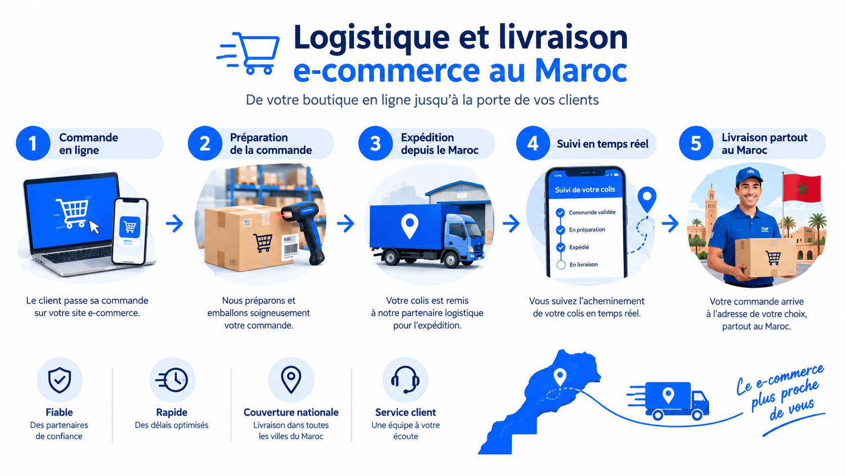 Infographie illustrant le processus logistique pour les boutiques e-commerce au Maroc, de la commande à la livraison.