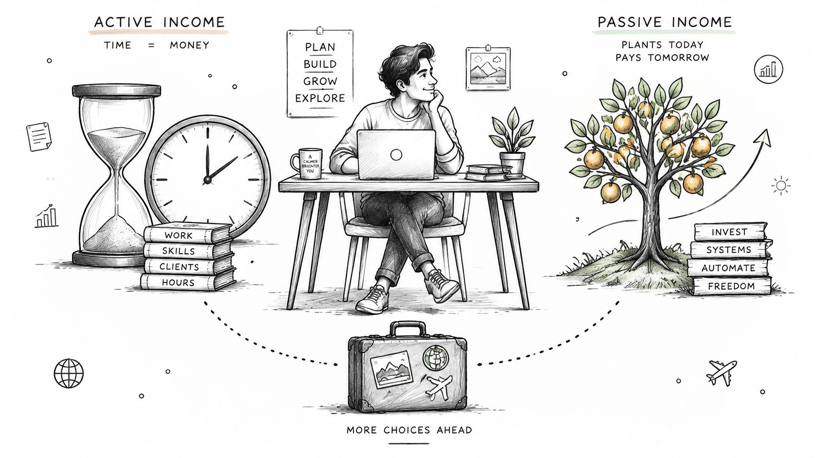 Illustration illustrant la différence entre revenu actif et passif pour atteindre la liberté financière et voyager.