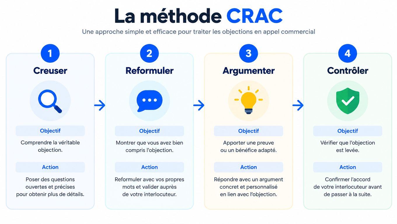 Infographie présentant la méthode CRAC pour traiter efficacement les objections lors d'un appel commercial.