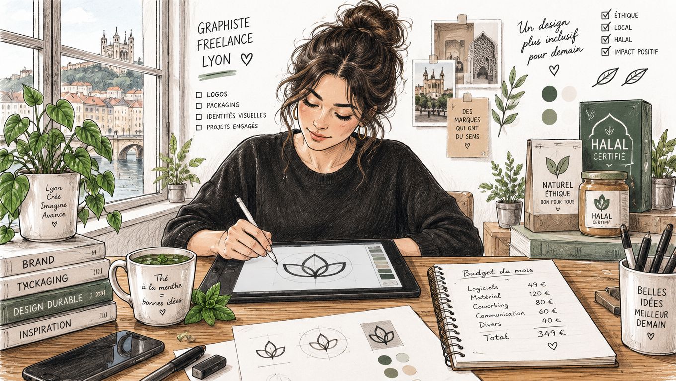 Une graphiste freelance travaillant sur une tablette graphique à Lyon, dans un bureau créatif et éthique.