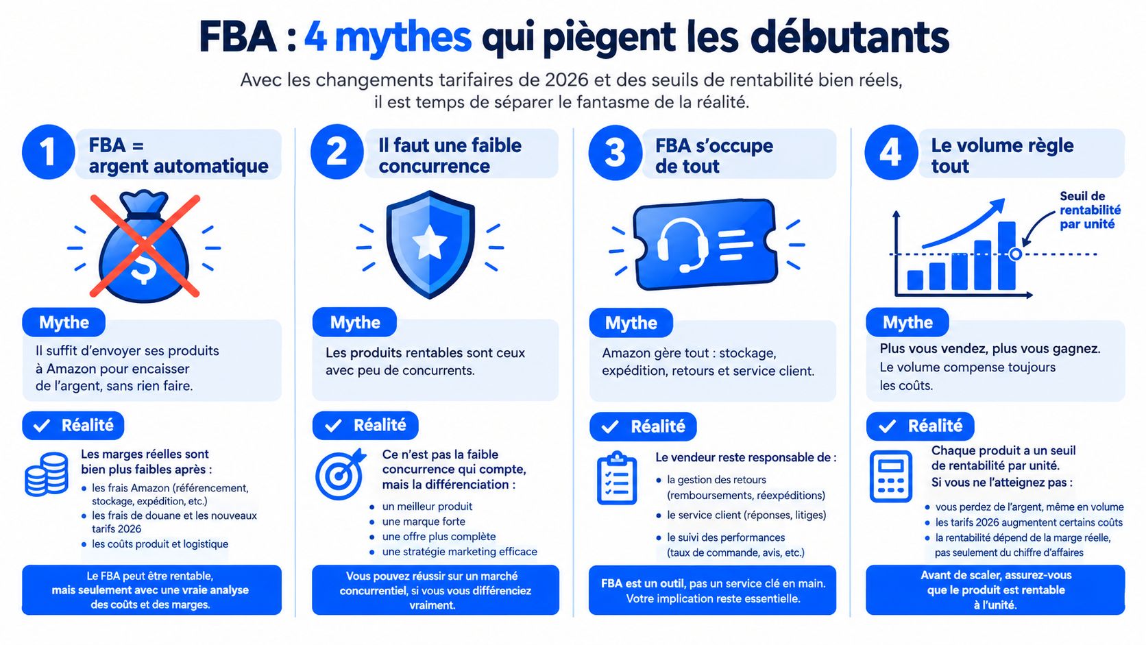 Infographie présentant quatre mythes courants sur Amazon FBA pour les vendeurs débutants et la réalité économique.