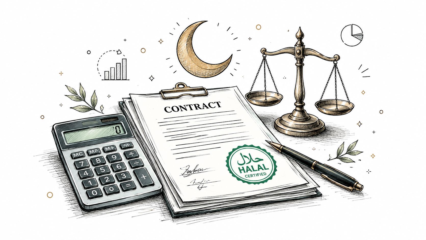 Un contrat avec une certification Halal, une calculatrice, une balance de justice et une plume stylisée.
