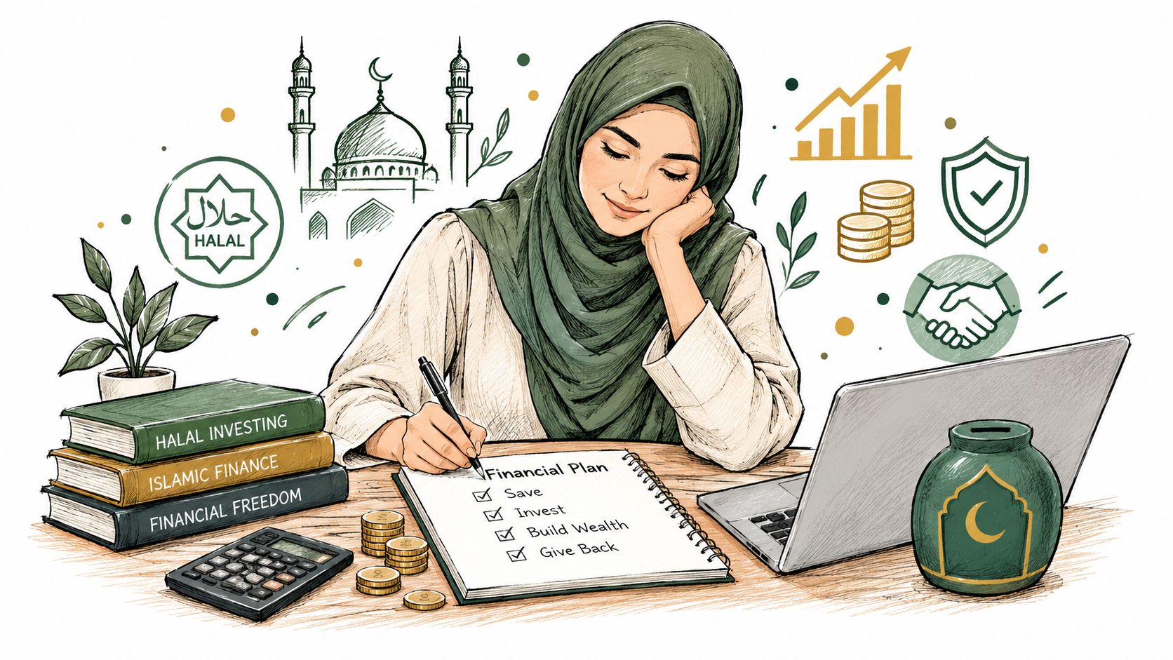 Une femme musulmane en hijab planifiant ses objectifs financiers personnels devant un ordinateur et des livres.