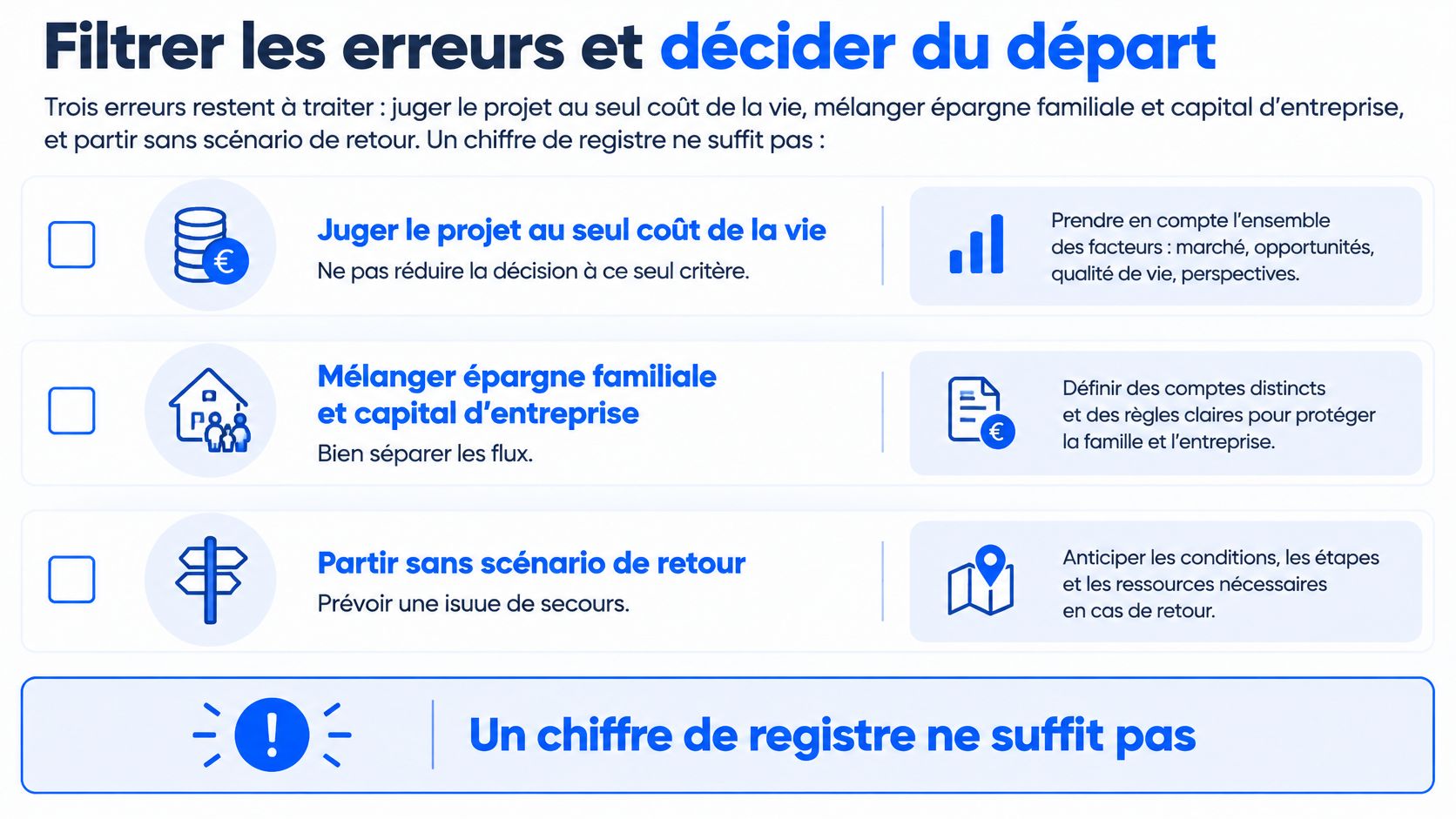Conseils pour éviter trois erreurs courantes lors d'un projet d'expatriation ou de changement de vie.