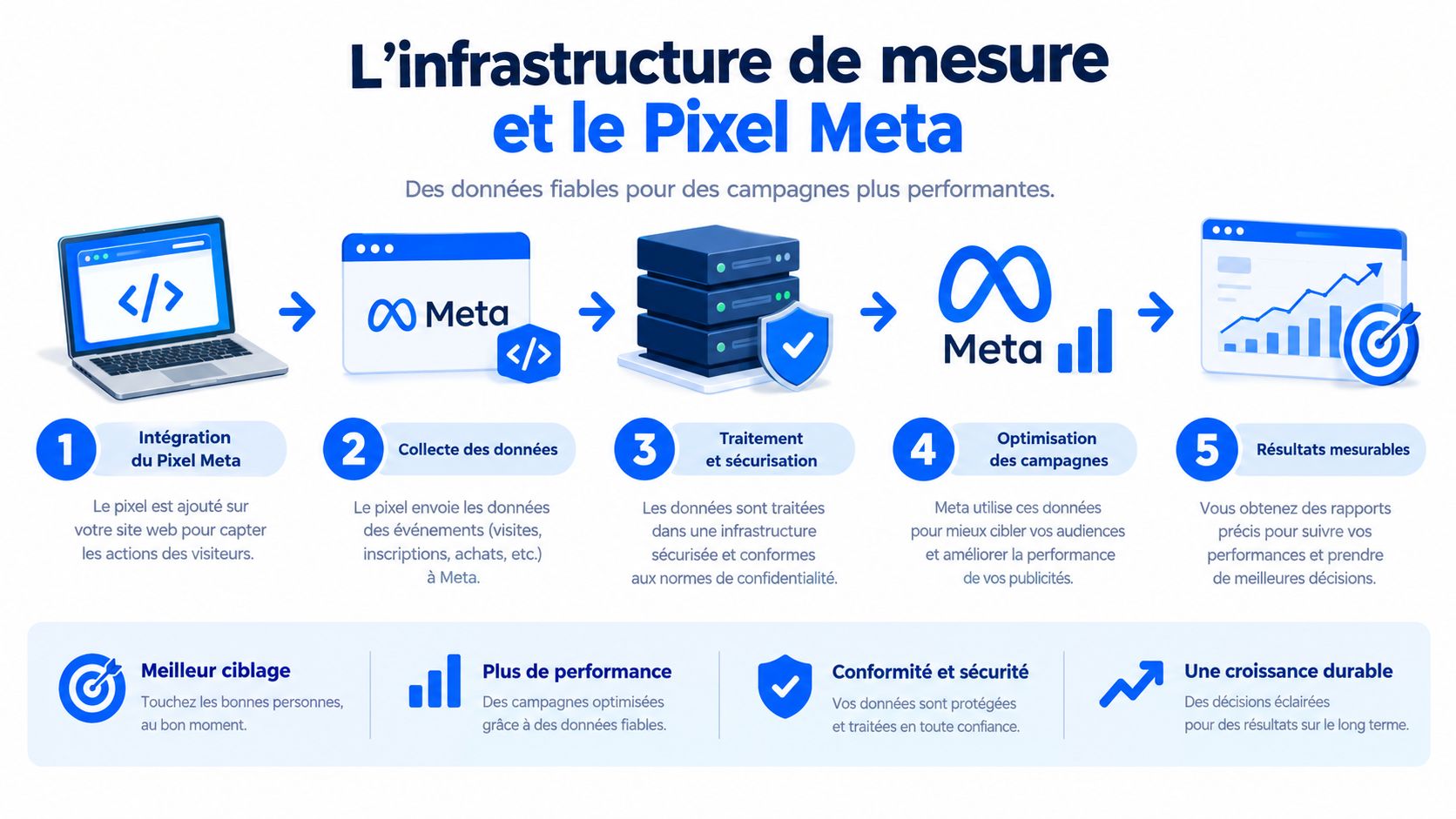 Schéma explicatif montrant les cinq étapes du fonctionnement de l'infrastructure de mesure du Pixel Meta.
