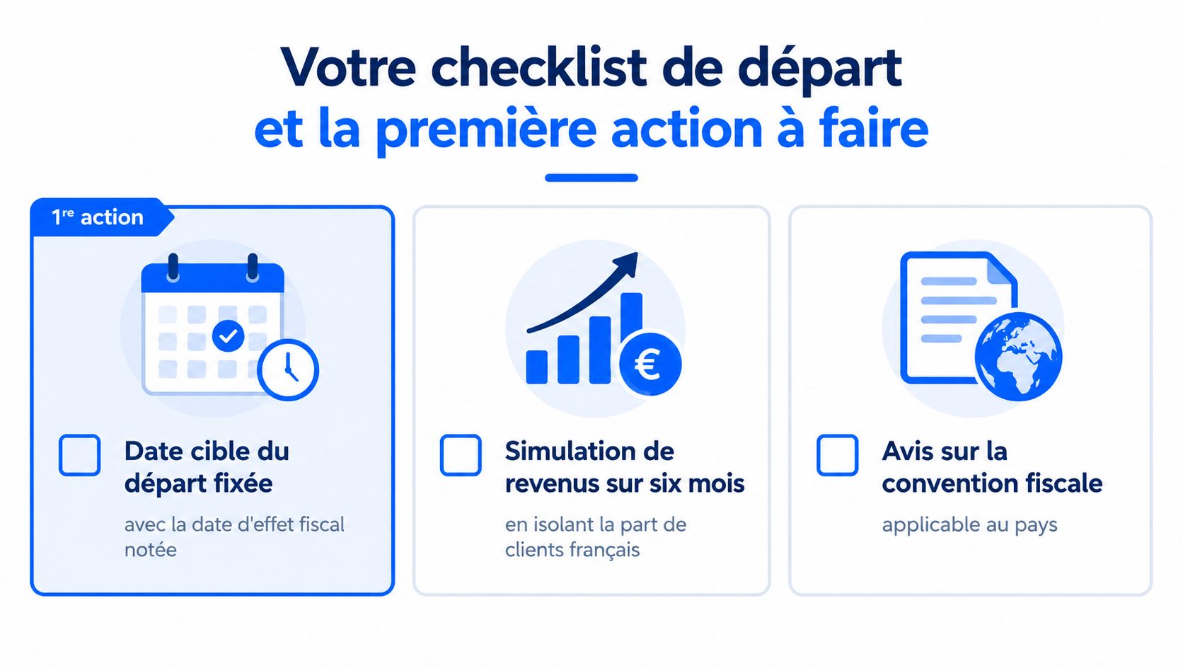 Une checklist pour préparer son départ à l'étranger avec des étapes clés concernant la fiscalité et les revenus.