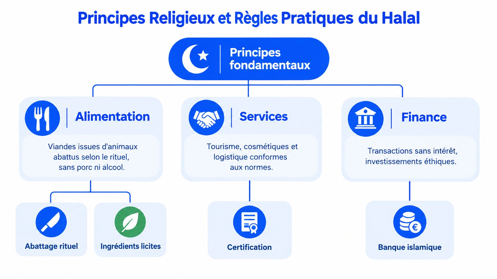 Schéma explicatif des principes religieux et règles pratiques du Halal incluant l'alimentation, les services et la finance.
