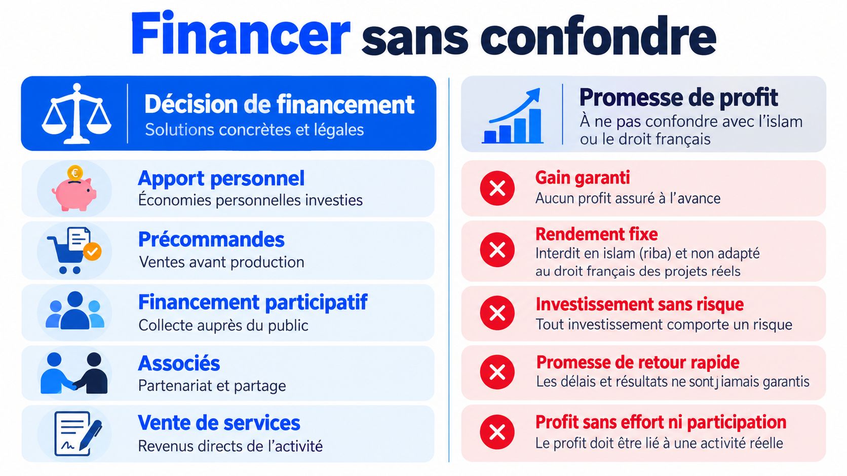 Infographie comparant les méthodes de financement légitimes et les fausses promesses de rendement financier interdites.