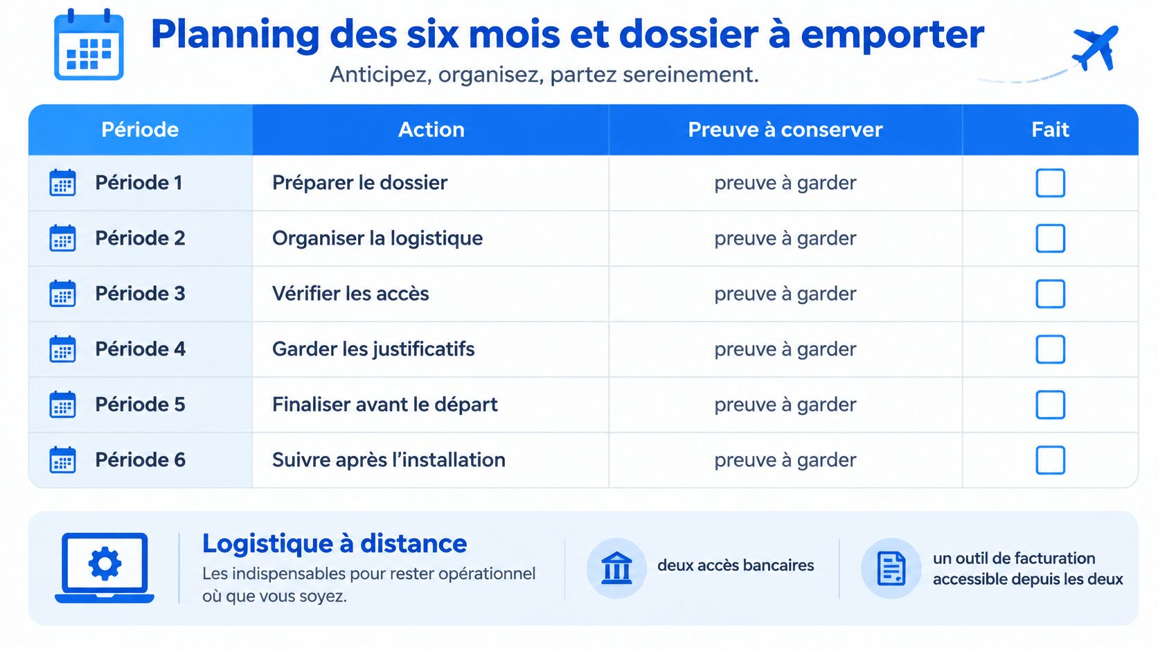 Tableau de planification sur six mois pour organiser le départ en expatriation ou en voyage d'affaires.