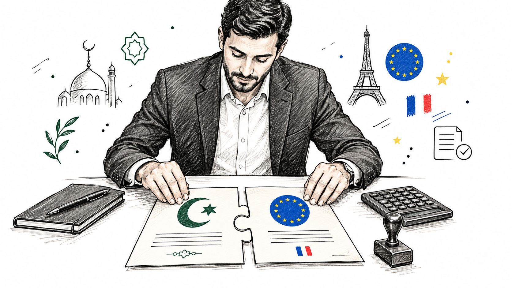 Un homme d'affaires travaille sur un document diplomatique symbolisant la coopération entre le Pakistan et l'Europe.