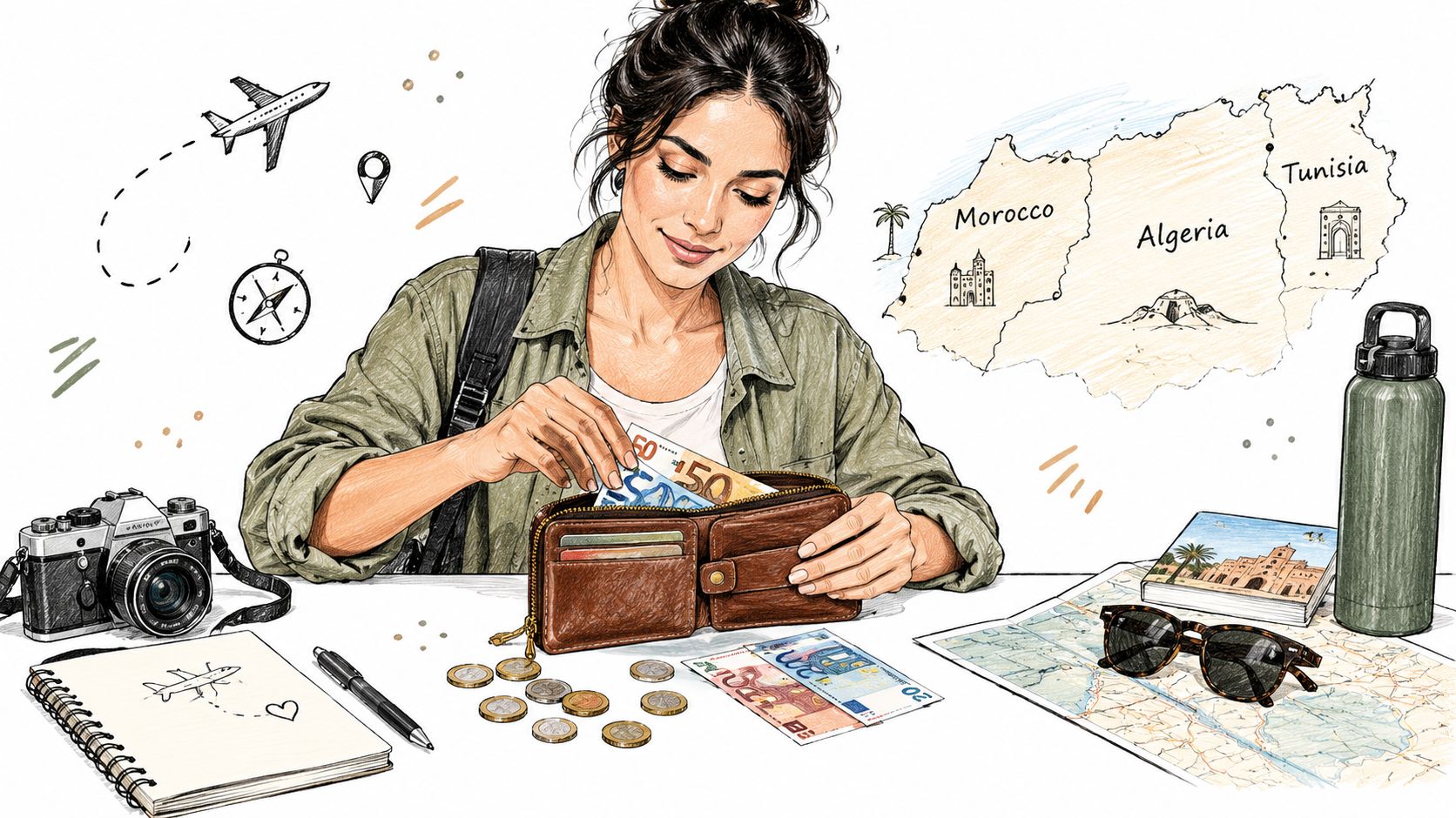 Une jeune femme prépare son voyage en organisant son argent liquide et ses effets personnels pour partir.