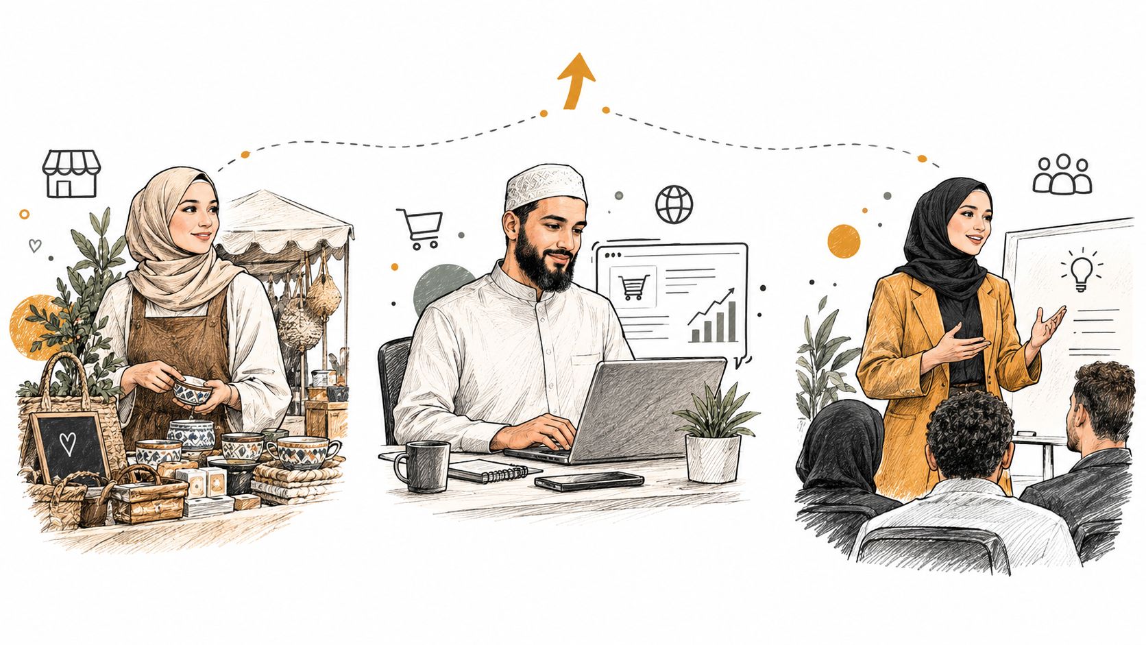 Illustration montrant trois étapes de développement d'entreprise : vente artisanale, gestion en ligne et formation professionnelle.