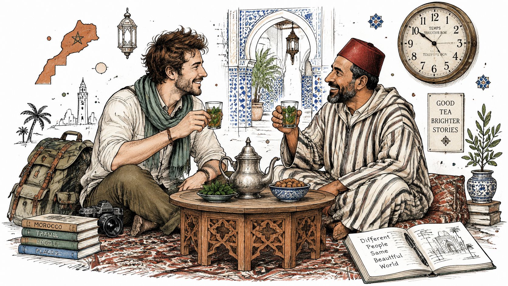 Un jeune voyageur partage un thé traditionnel à la menthe avec un homme marocain dans un intérieur typique.