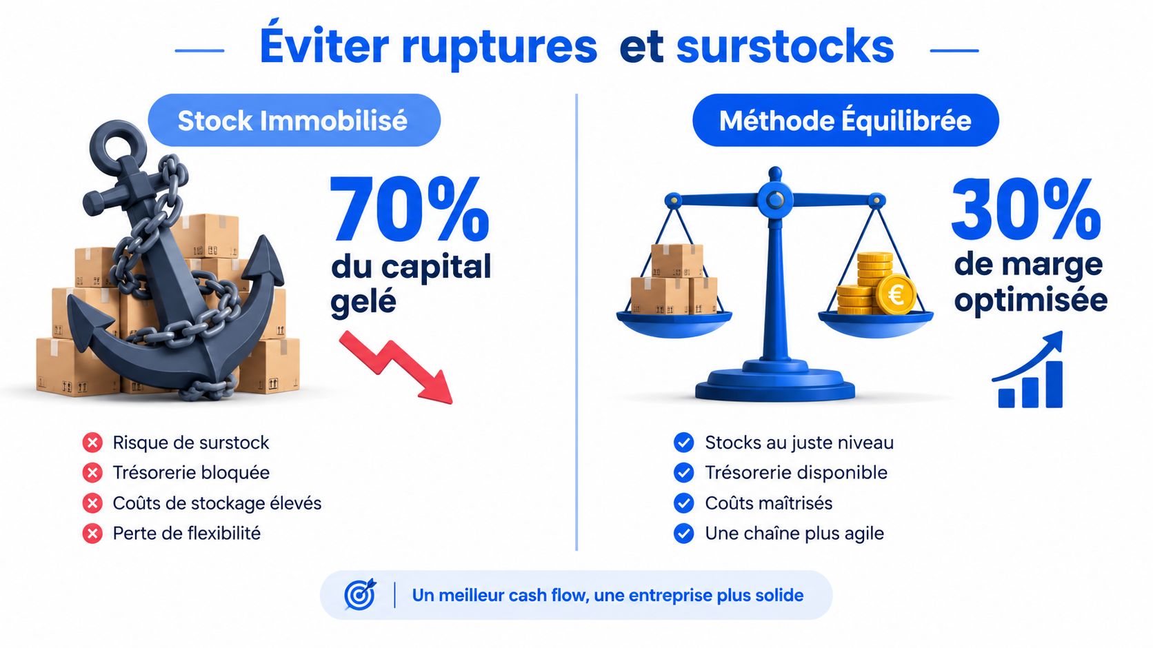 Infographie comparant le stock immobilisé au coût élevé avec la méthode équilibrée pour une gestion optimale.