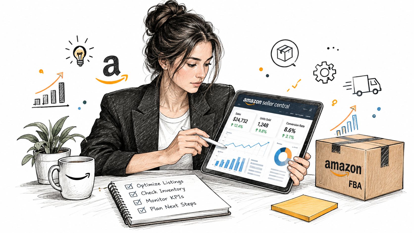 Une femme d'affaires analysant des données de vente sur une tablette numérique pour une boutique Amazon FBA.