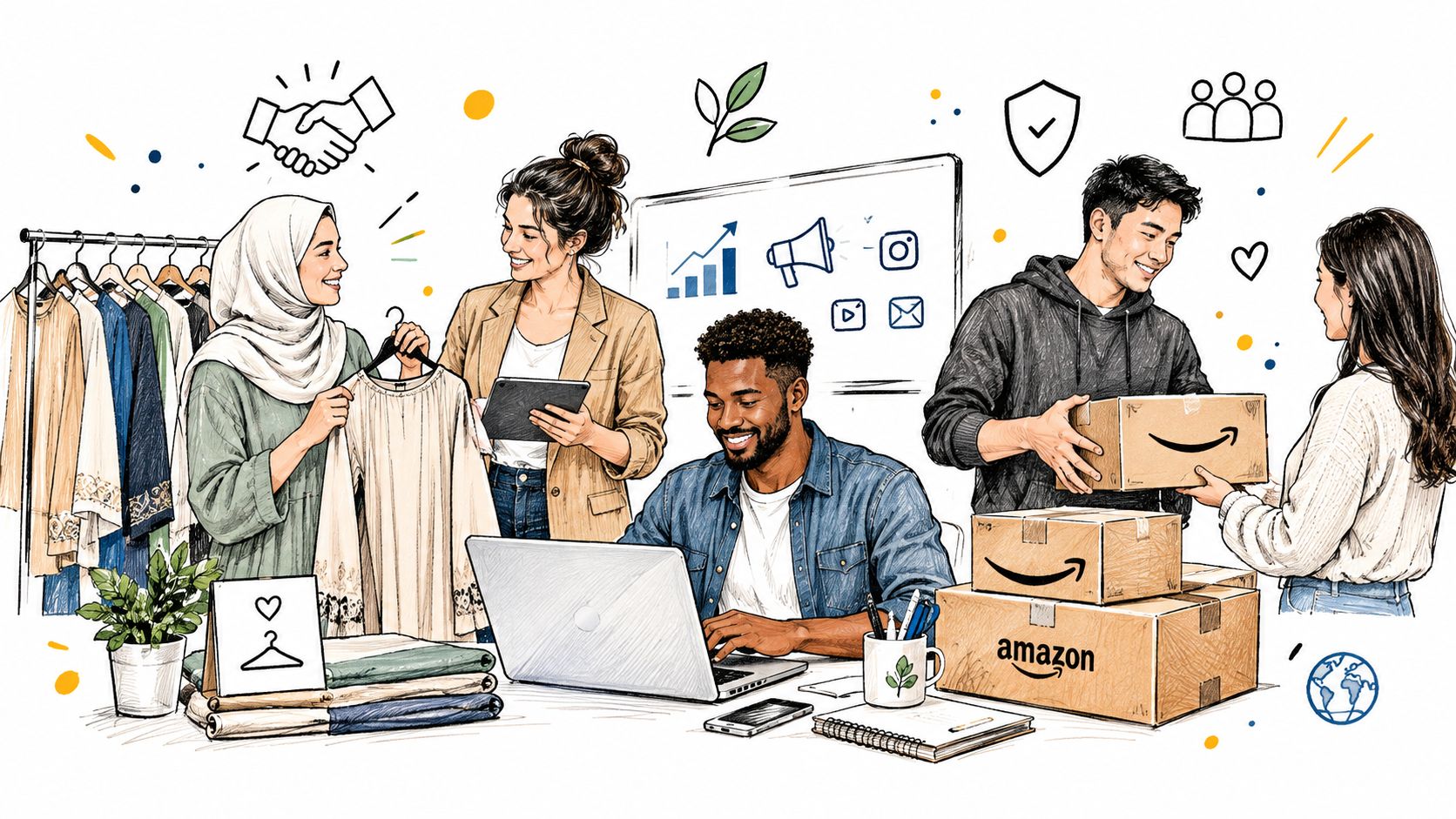 Une équipe diversifiée collabore dans un bureau moderne pour gérer une entreprise de mode en ligne.