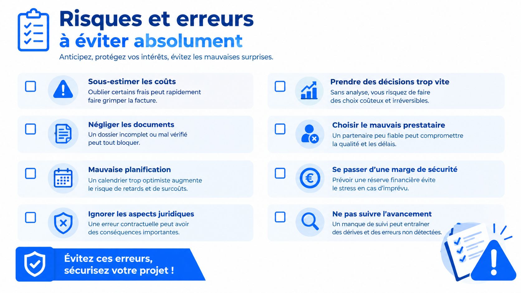 Une infographie listant les erreurs courantes à éviter pour sécuriser la réussite de vos projets professionnels.