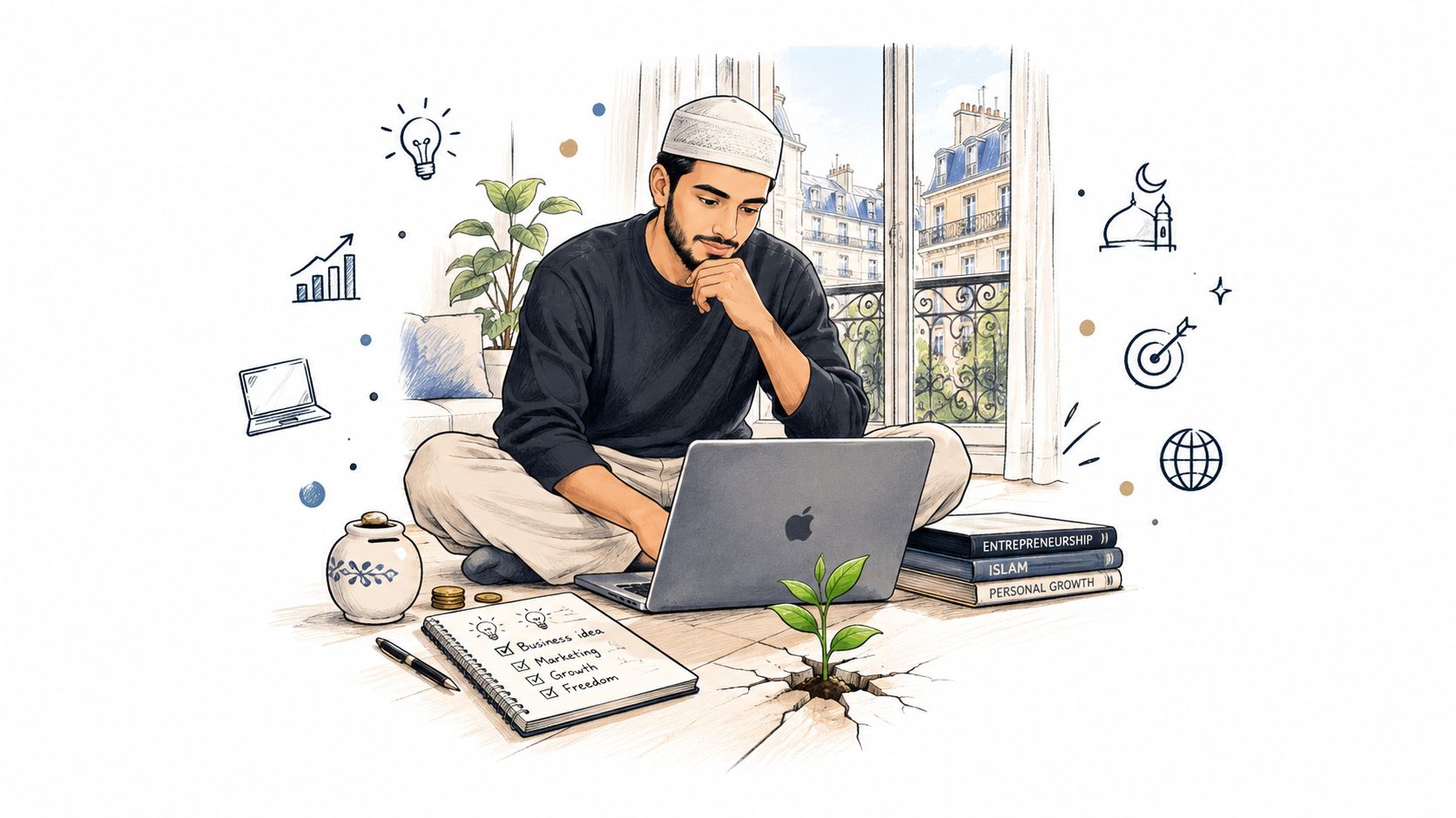 Un jeune homme musulman travaille sur son ordinateur portable, entouré d'icônes liées à l'entrepreneuriat, la croissance et l'islam.