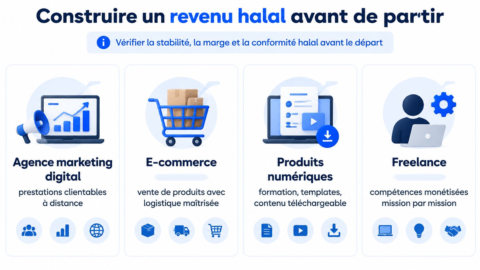 Une infographie présentant quatre méthodes pour générer un revenu halal à distance avant de partir en expatriation.
