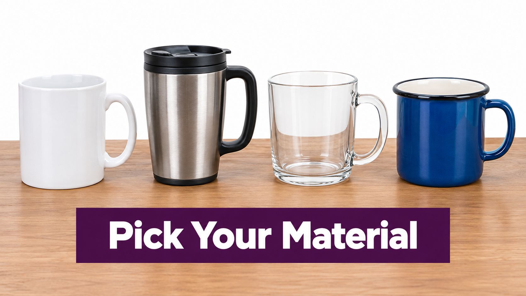 Four different types of coffee mugs made of ceramic, stainless steel, glass, and enamel on a wooden table.