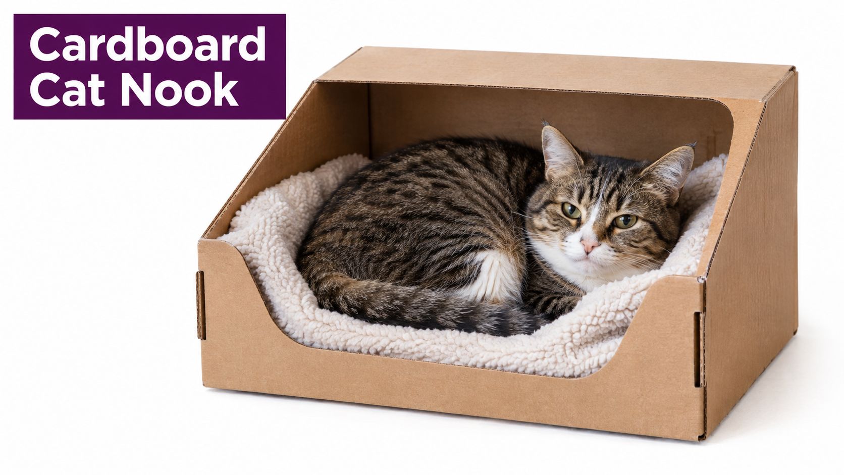 A brown tabby cat resting inside a cozy, open-front cardboard box lined with a soft blanket.