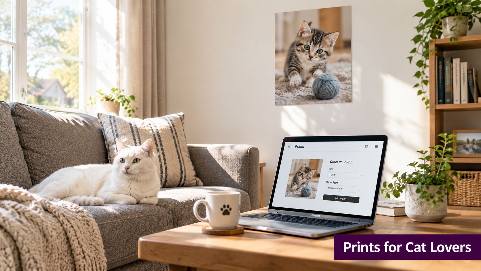 A cozy living room setting with a white cat on the couch and a laptop displaying custom cat prints.