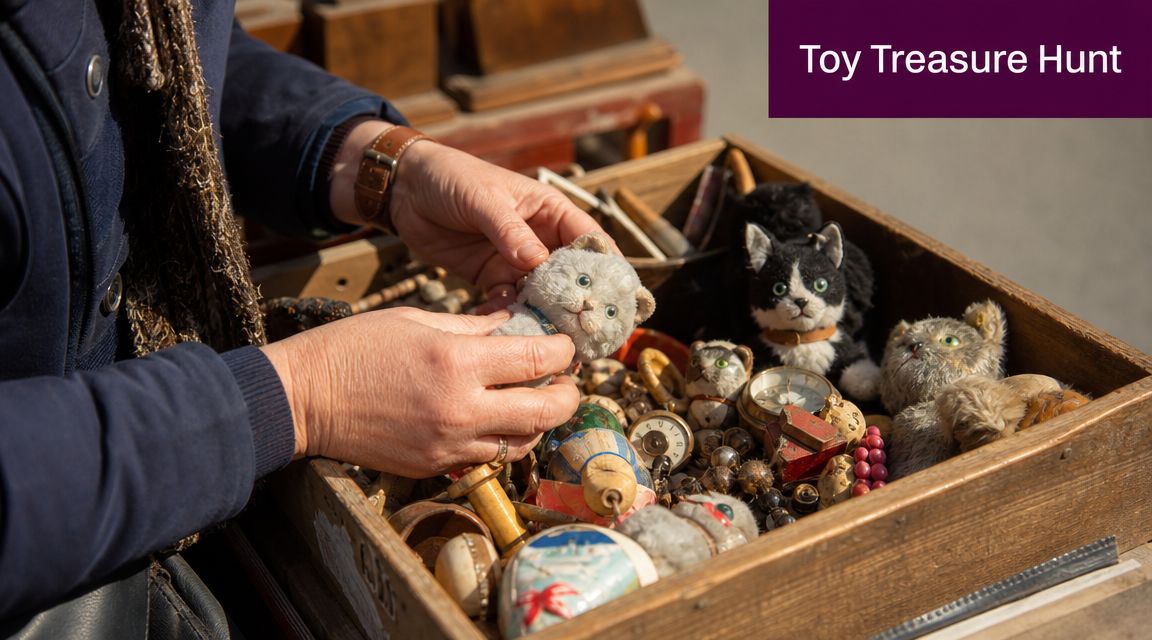 A person holds a small, grey vintage cat toy while browsing a wooden box filled with trinkets.
