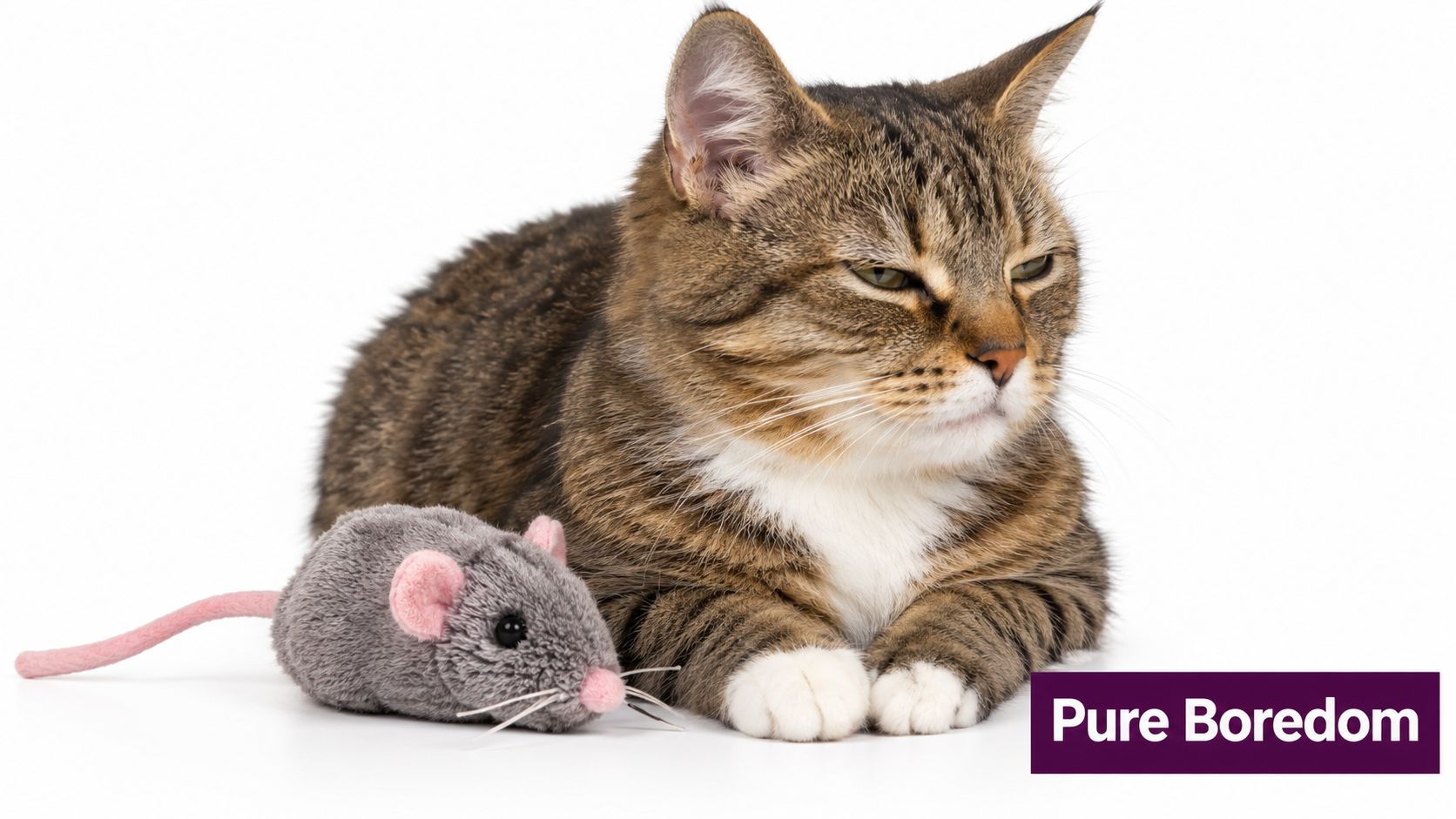 A bored tabby cat lying on a white background next to a plush gray toy mouse.