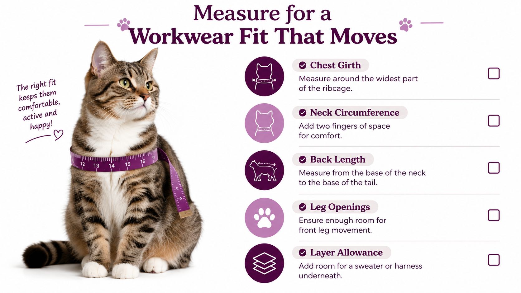 An instructional graphic showing how to measure a cat for a comfortable fitting workwear jacket.