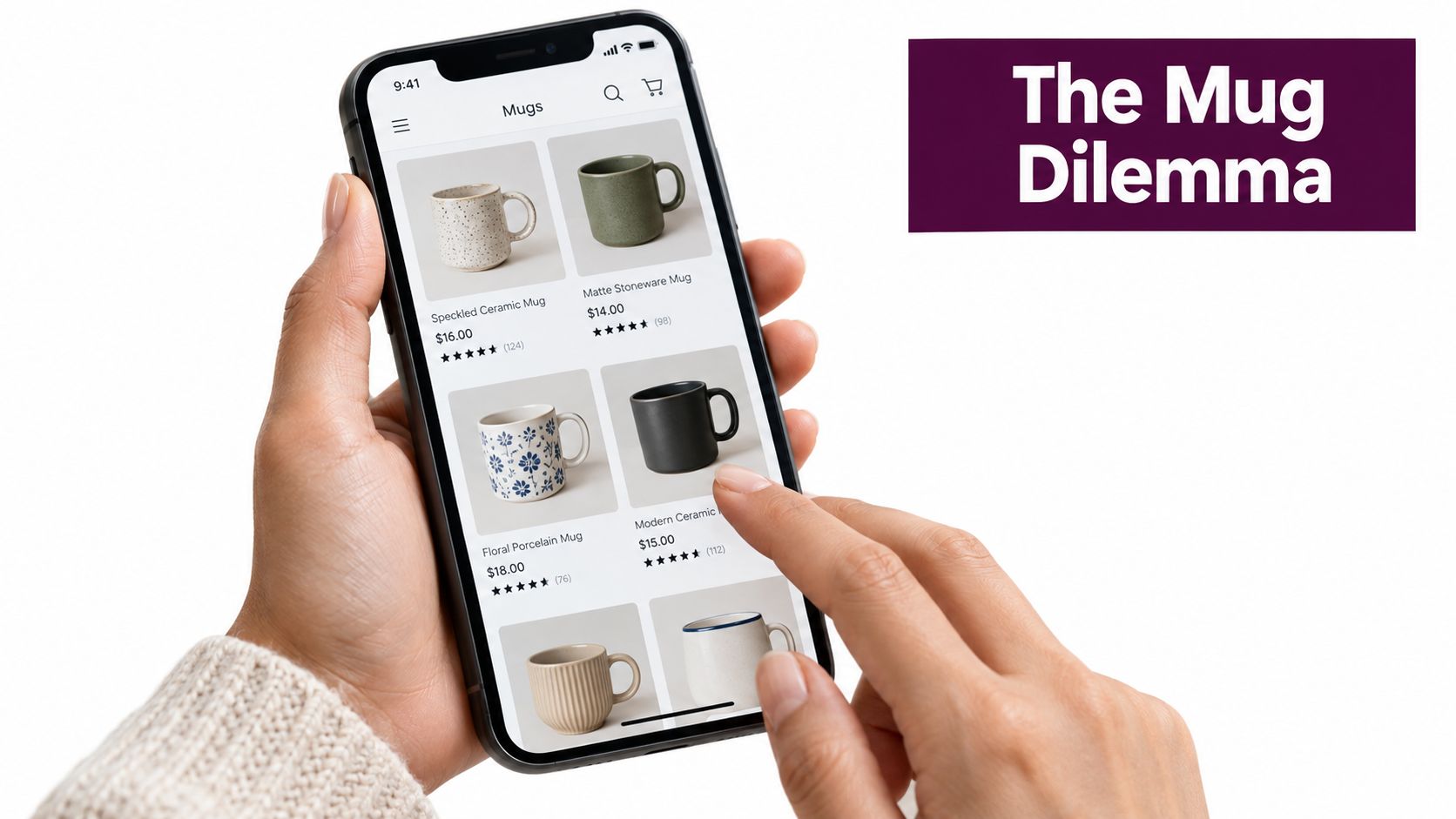A person holding a smartphone showing an online store with various coffee mugs available for purchase.