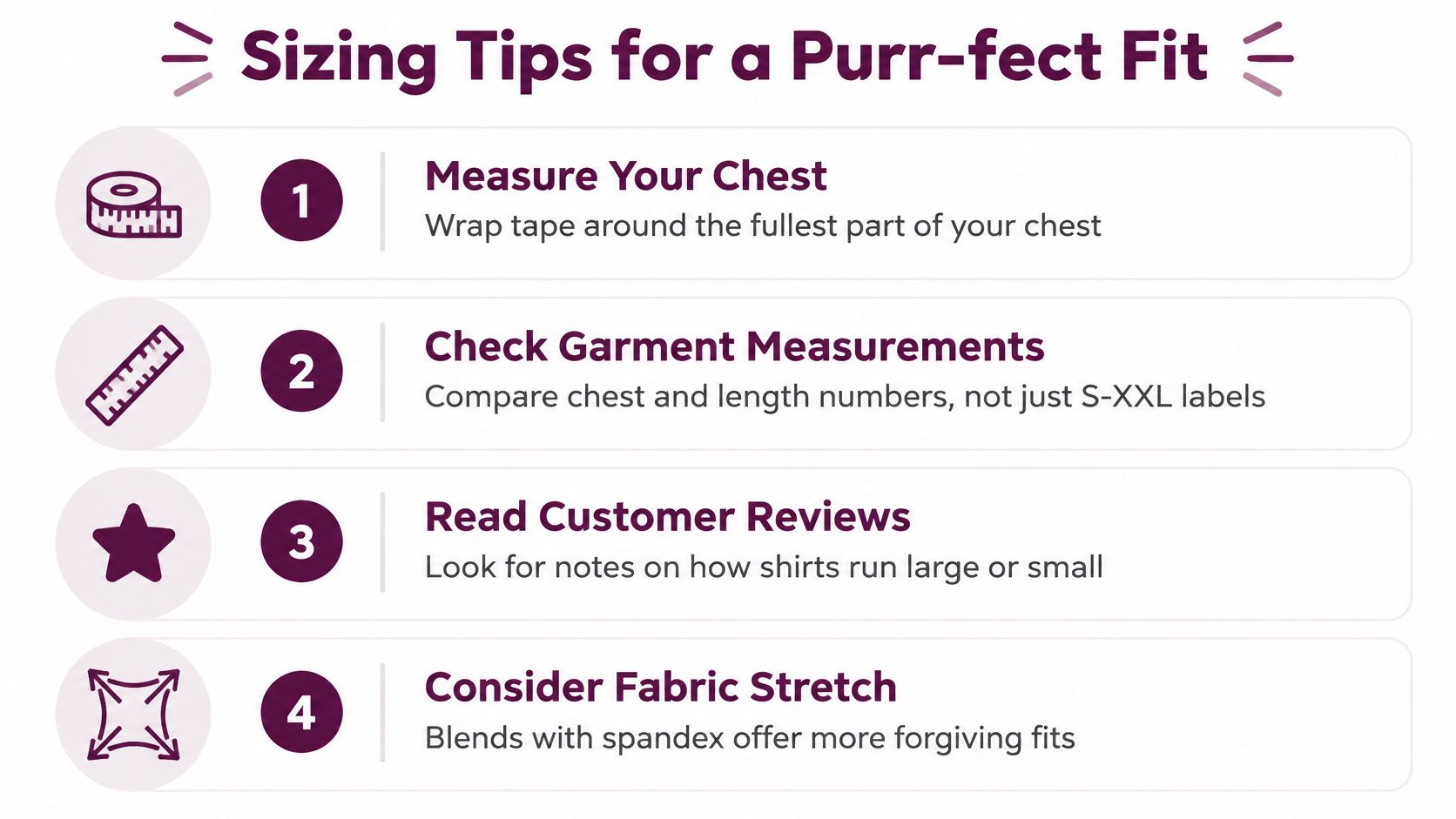 A helpful infographic titled Sizing Tips for a Purr-fect Fit providing four steps for choosing clothing sizes.