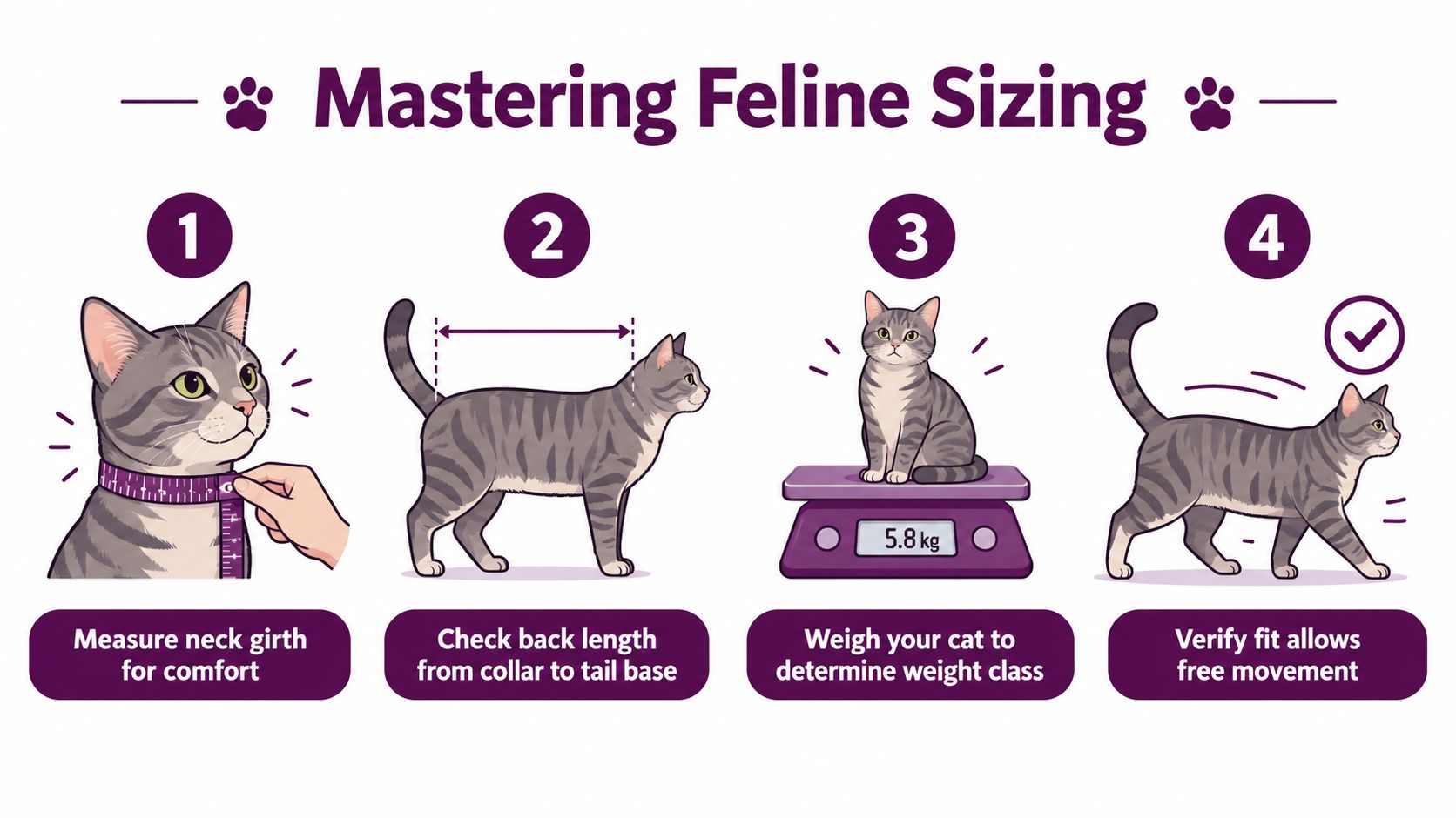 An infographic showing four steps for measuring a cat to ensure a proper fit for clothing.