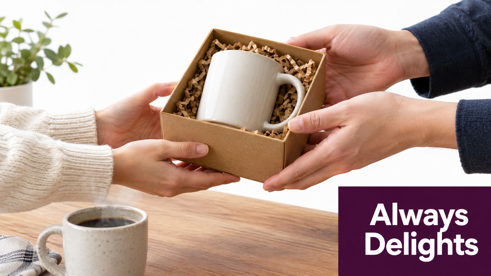 A person handing a gift box containing a white ceramic coffee mug to another person.