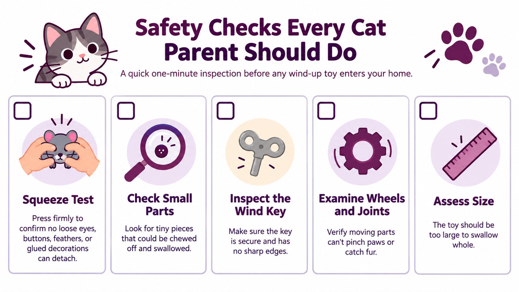 An infographic titled Safety Checks Every Cat Parent Should Do showing five steps to inspect wind-up cat toys.