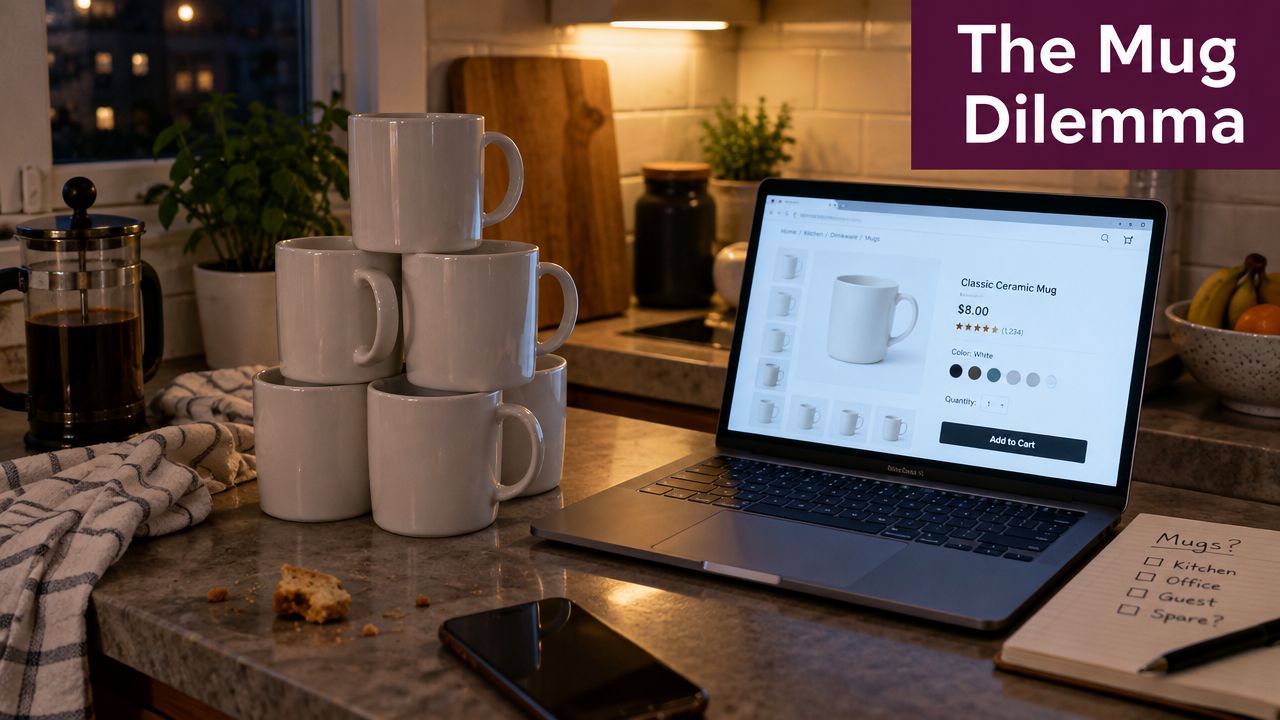 A stack of plain white ceramic coffee mugs on a kitchen counter next to a laptop.