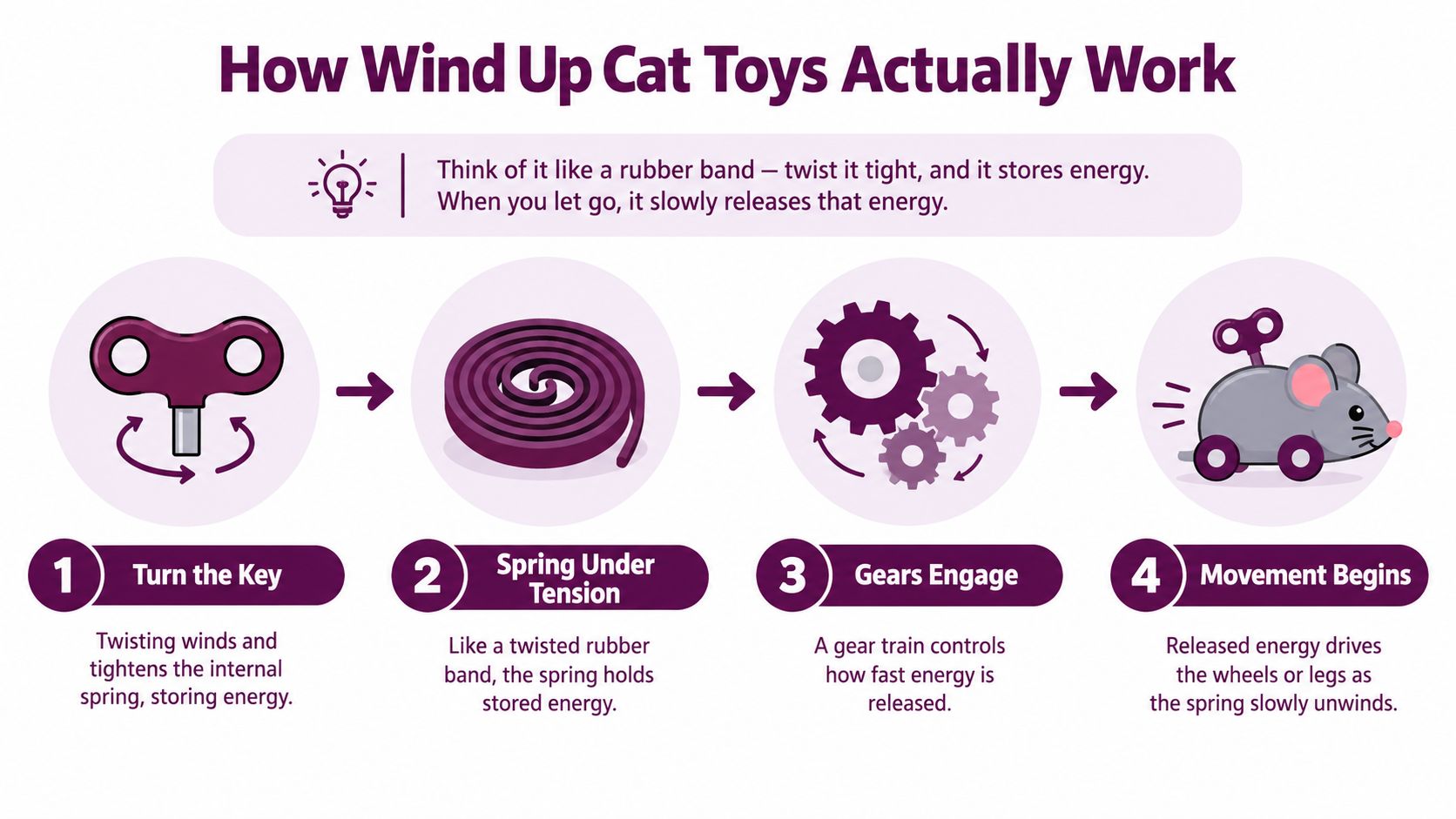 An infographic diagram explaining the four steps of how a mechanical wind up cat toy works.