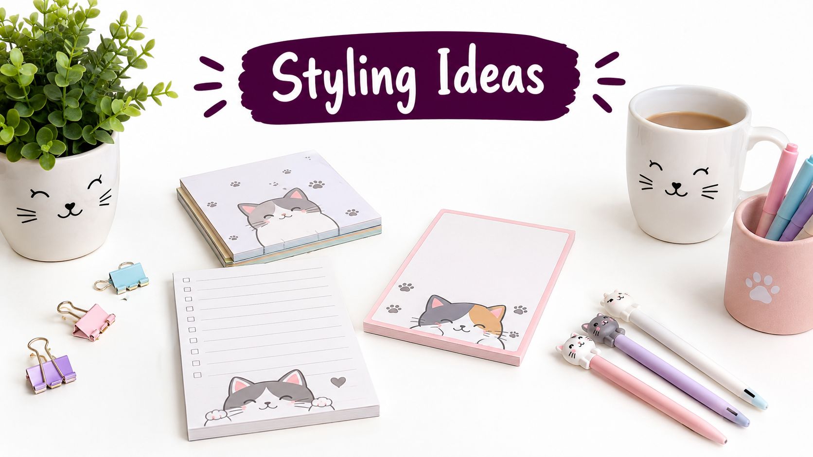 A creative workspace flatlay featuring cute cat-themed stationery including notepads, pens, binder clips, and a mug.