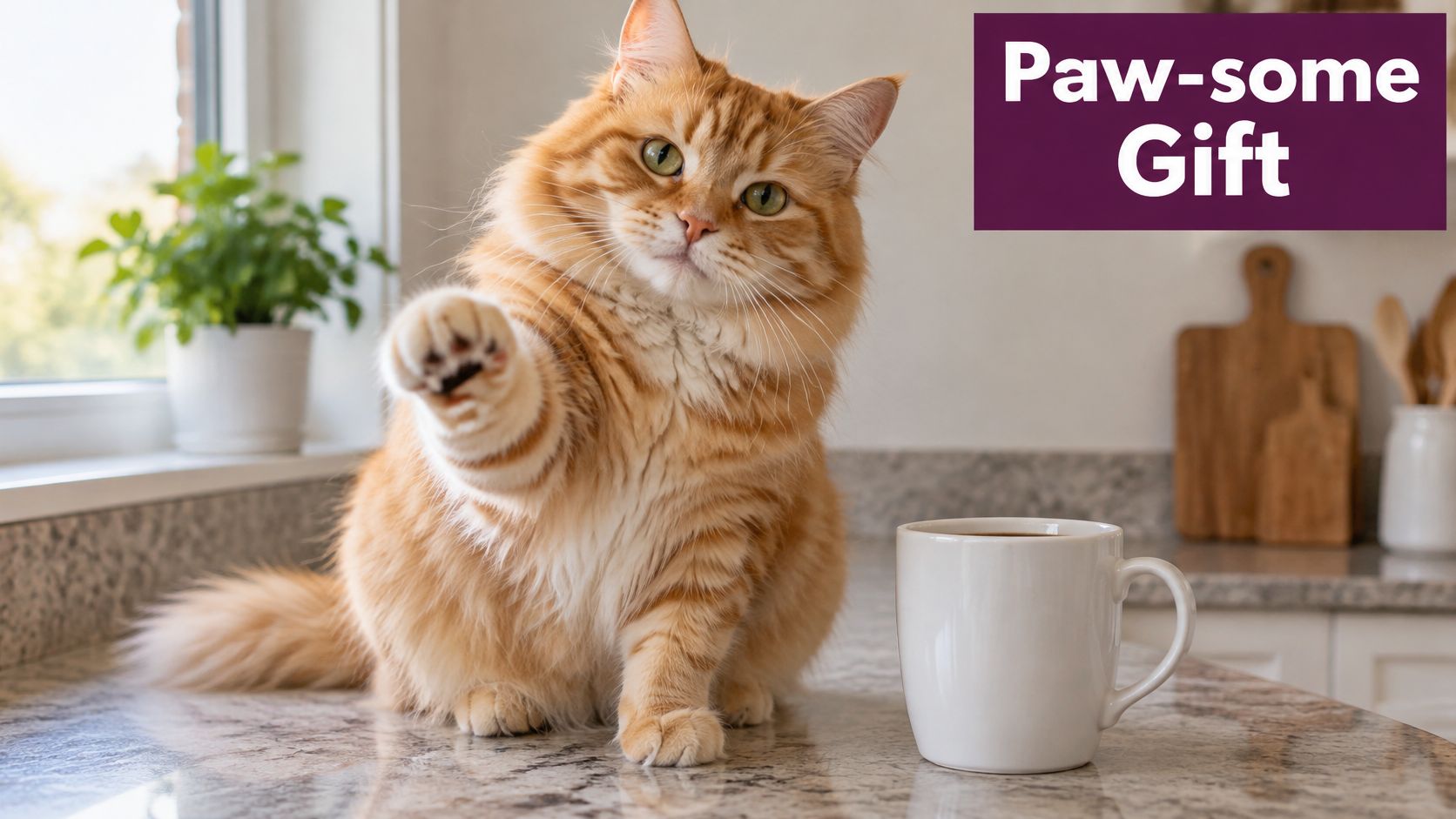 An adorable orange cat sitting on a kitchen counter near a mug with text overlay Paw-some Gift.