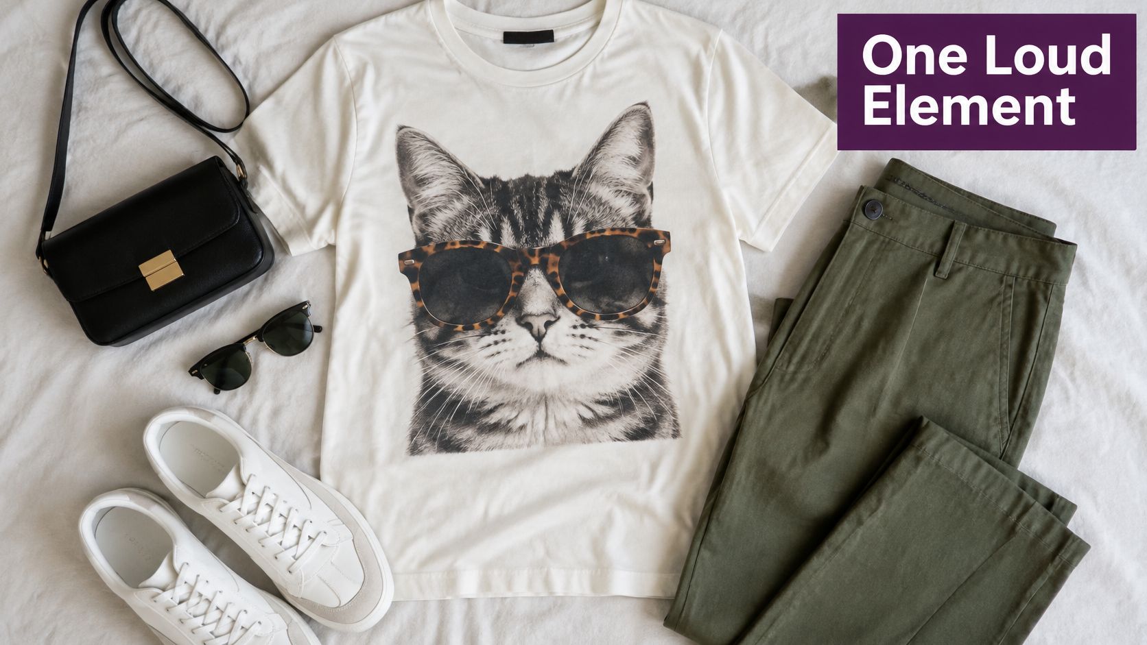 A flat lay clothing arrangement featuring a cat graphic t-shirt, green trousers, white sneakers, and a handbag.