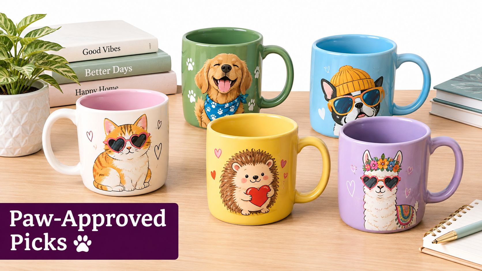 A collection of colorful ceramic coffee mugs featuring cute animal illustrations arranged on a wooden table.