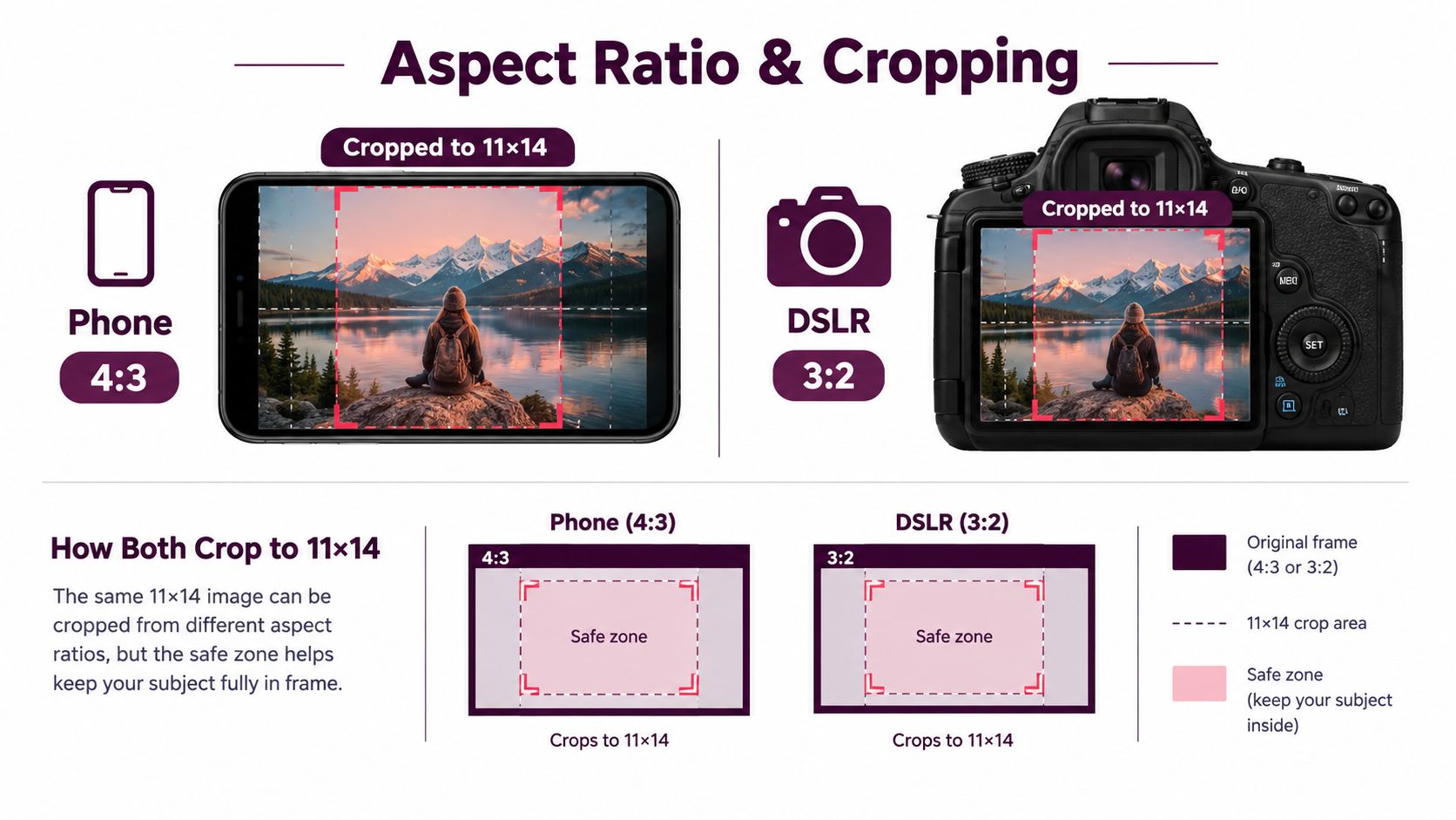 A diagram illustrating how to crop photos from 4:3 and 3:2 aspect ratios to 11x14 prints.