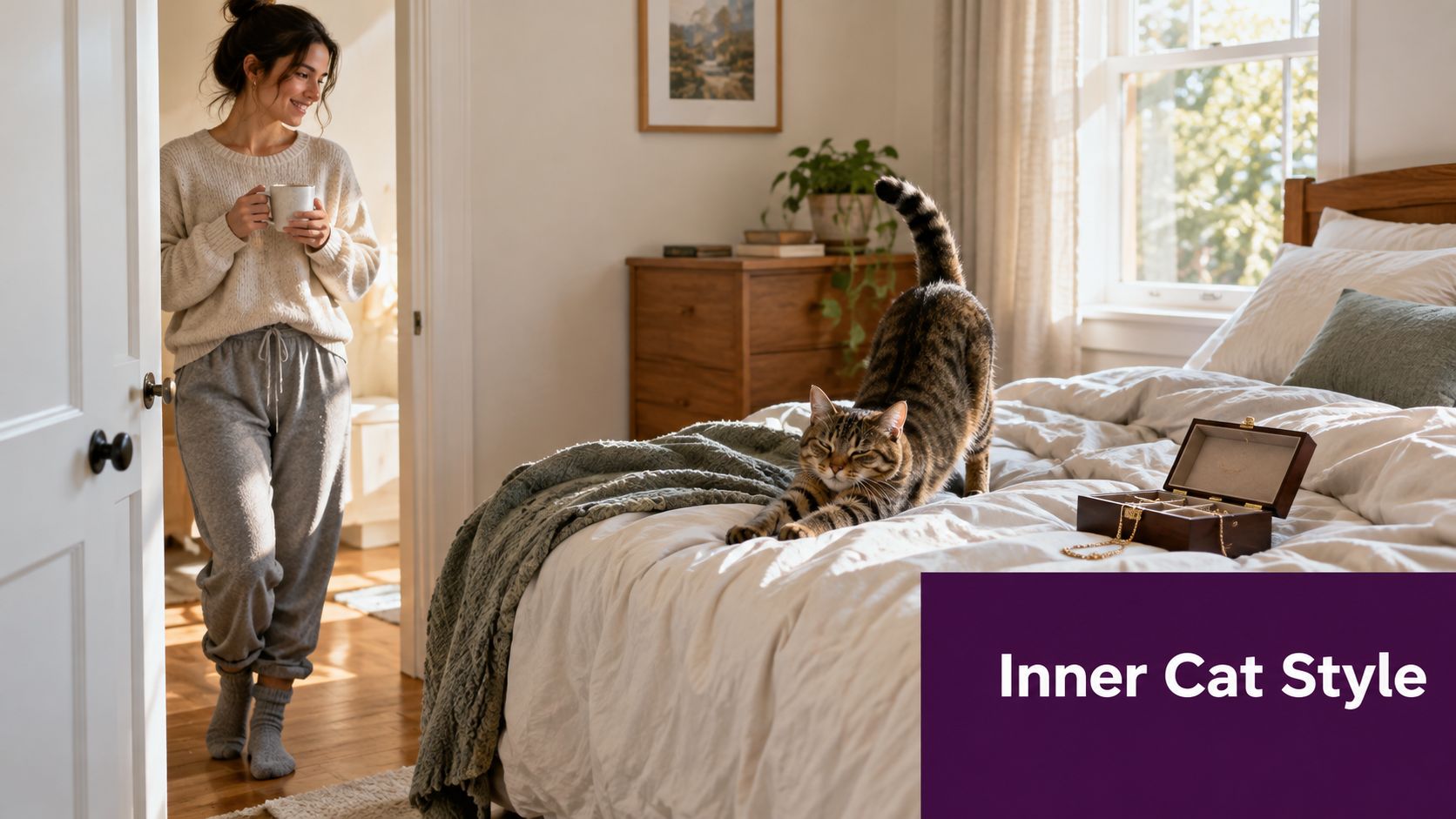 A woman holding a mug watches her tabby cat stretching across a comfortable white unmade bed.