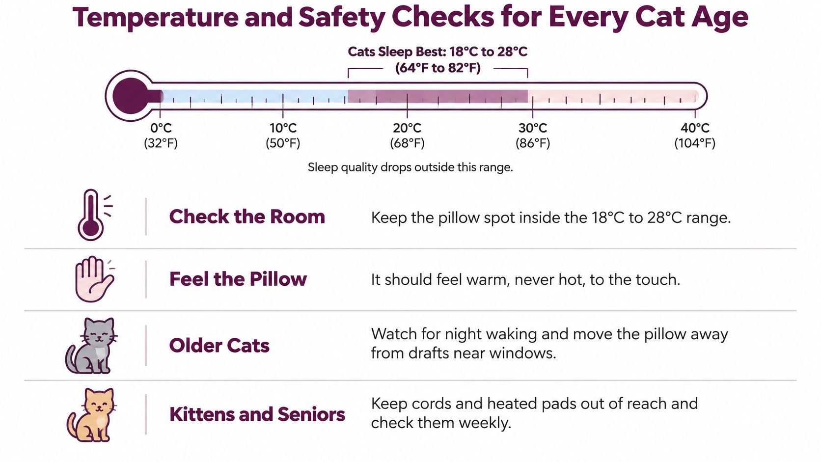 An infographic detailing optimal sleeping temperatures and safety tips for kittens, seniors, and older cats.