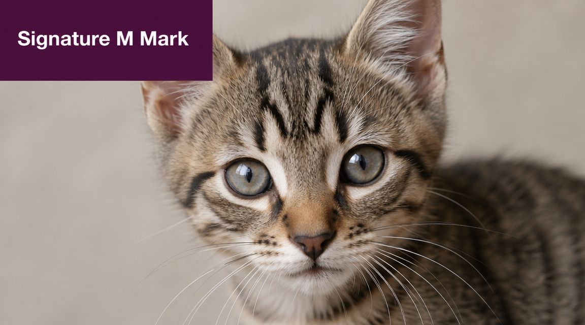 A close-up, high-resolution portrait of a young tabby kitten with distinctive M-shaped markings on its forehead.