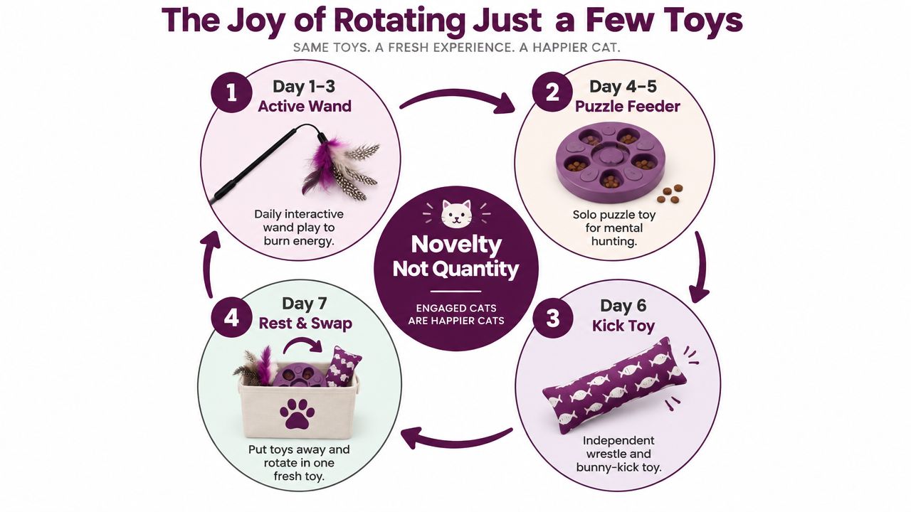 An infographic showing a 7-day cat toy rotation schedule to keep cats engaged and happy through variety.