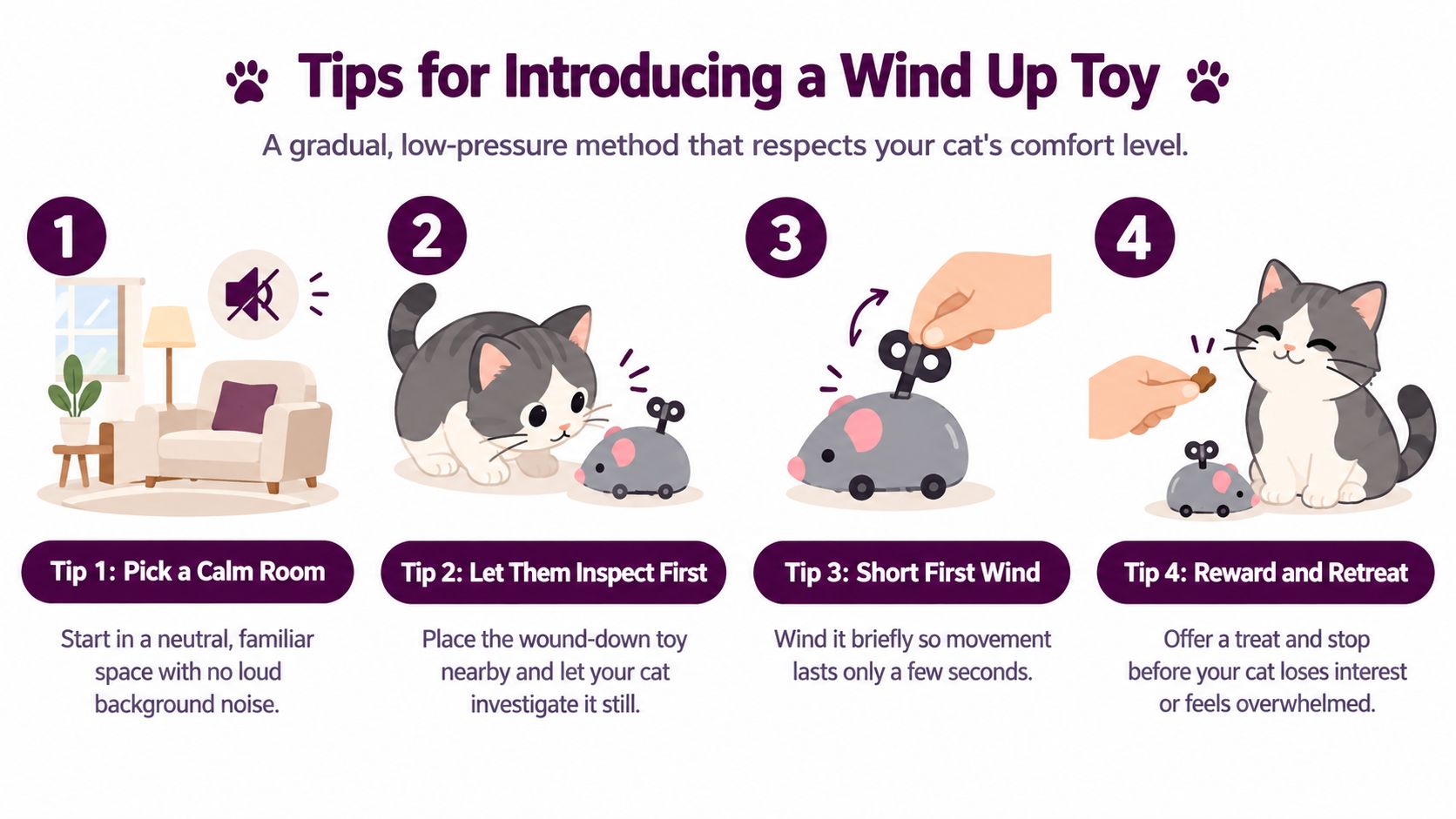 An infographic titled Tips for Introducing a Wind Up Toy with four numbered steps featuring a cute kitten.