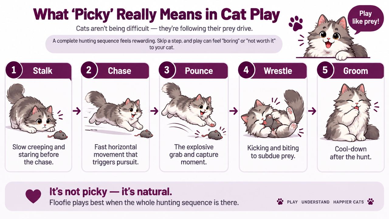 An educational infographic illustrating the five natural stages of the feline hunting sequence for cat playtime.