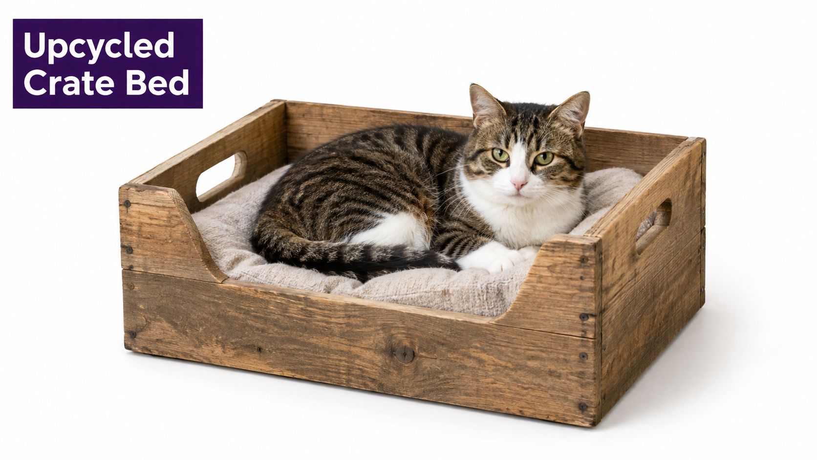 A brown tabby cat resting comfortably inside an upcycled wooden crate bed on a white background.