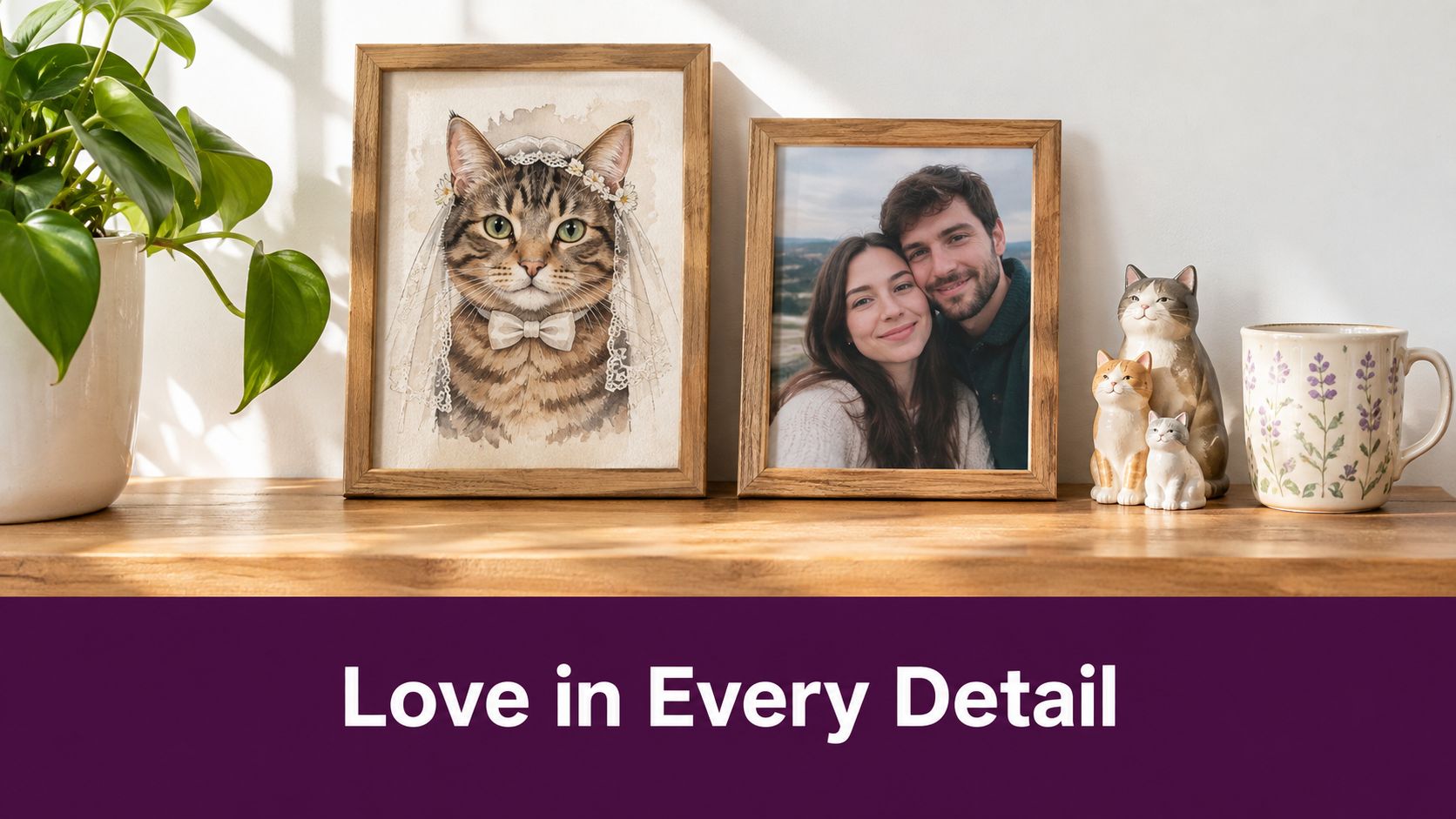 A wooden shelf displays a cat wedding portrait, a framed couple photo, cat figurines, and a mug.