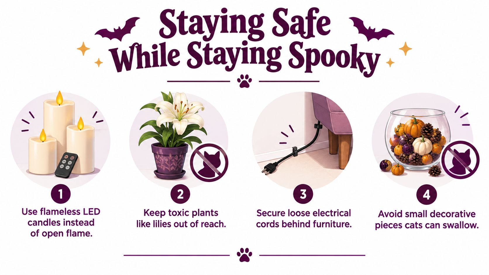 A safety infographic illustrating four tips for pet owners to keep cats safe during Halloween decorations.